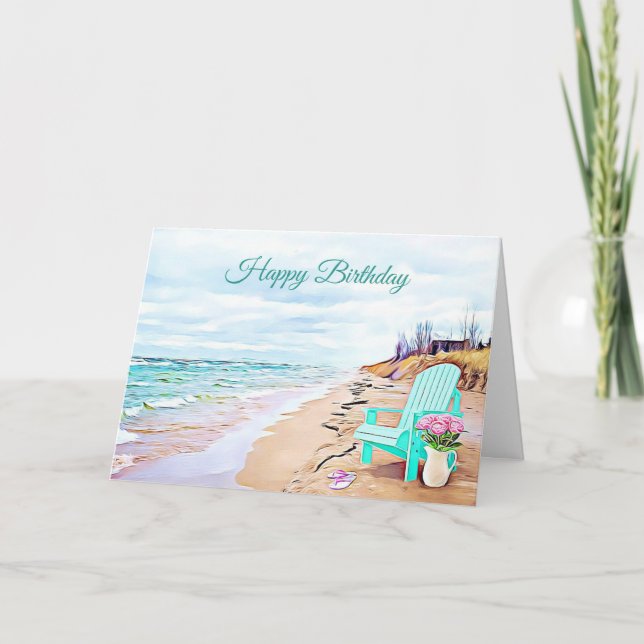 Seaside Beach Scene Teal Chair  Flowers Birthday Card (Front)