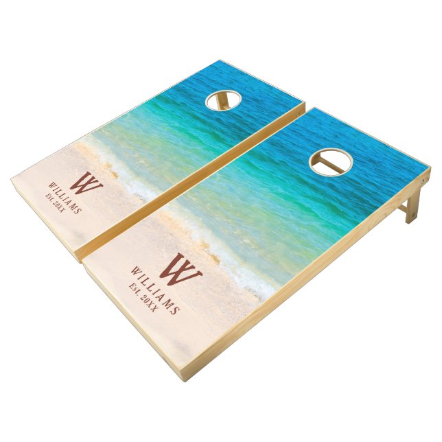 Seaside Beach Waves Monogram Names Template Cornhole Set (Angled)