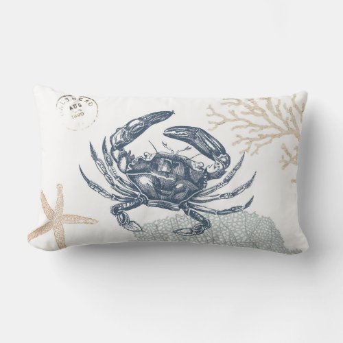 Seaside Blue Crab Collage Light Lumbar Pillow