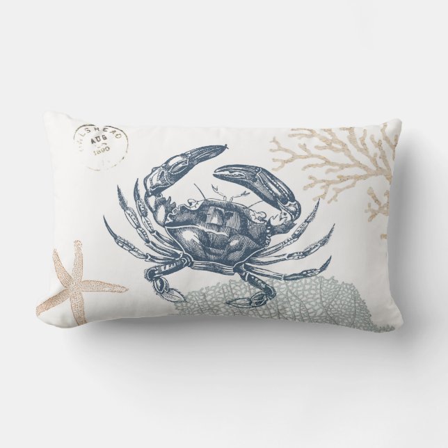 Seaside Blue Crab Collage Light Lumbar Pillow (Front)