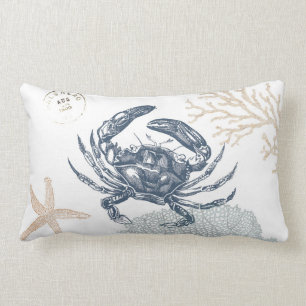 Seaside Blue Crab Collage Light Lumbar Pillow