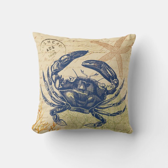 Seaside Blue Crab Collage Throw Pillow (Front)