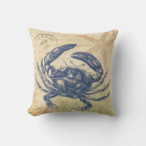 Seaside Blue Crab Collage Throw Pillow