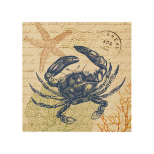 Seaside Blue Crab Collage Wood Wall Art