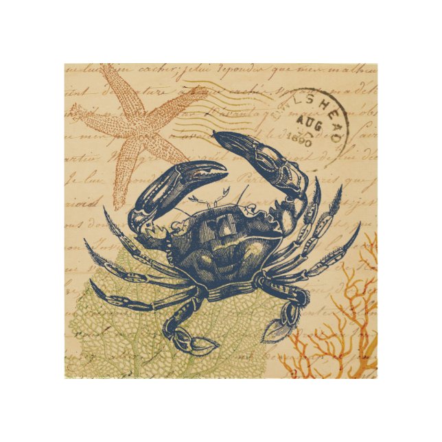 Seaside Blue Crab Collage Wood Wall Art (Front)