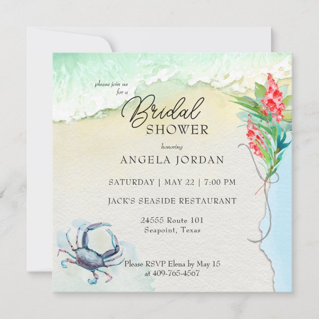 Seaside Blue Crab Tropical Bridal Shower Invitation (Front)