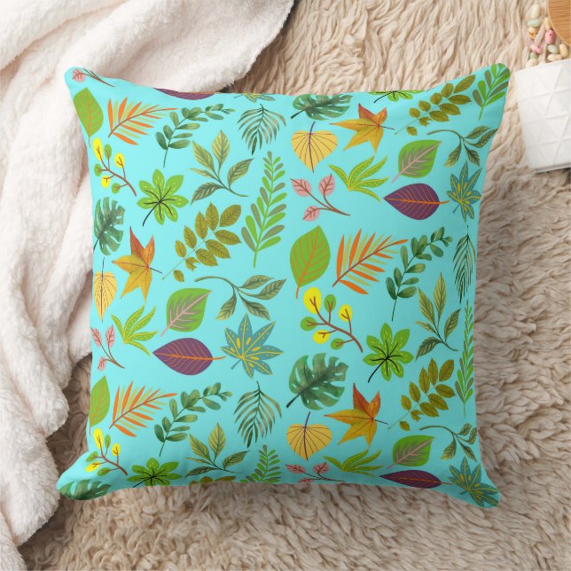 Seaside Botanical Leaves on Aqua Blue Throw Pillow (Blanket)