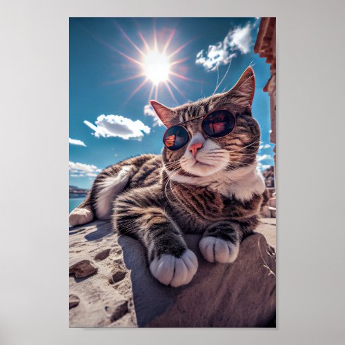 Seaside Cat Wearing Sunglasses Poster