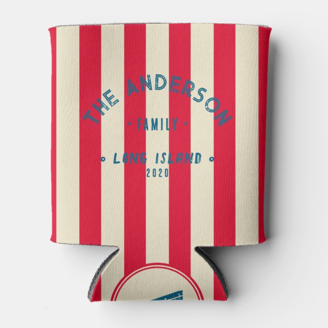 Seaside Cherry Picking Pink Striping & Family Name Can Cooler (Front)