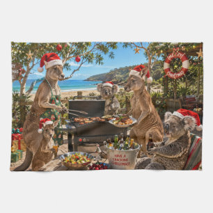Seaside Christmas BBQ with Kangaroos and Koalas Kitchen Towel