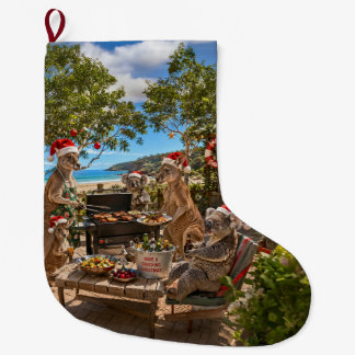Seaside Christmas BBQ with Kangaroos and Koalas Large Christmas Stocking