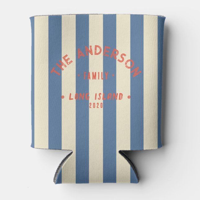 Seaside Clean Capri Blue Striping & Family Name Can Cooler (Front)