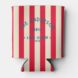 Seaside Clean Cherry Pink Striping & Family Name Can Cooler