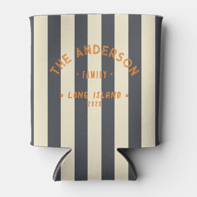 Seaside Clean Mediterranean Gray Striping & Name Can Cooler (Front)