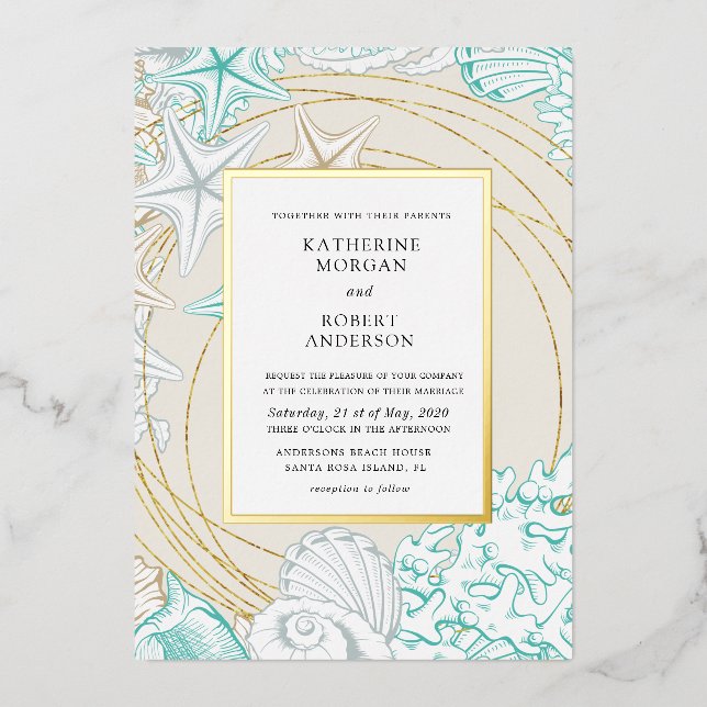 seaside coastal elegant Wedding Foil Invitation (Front)