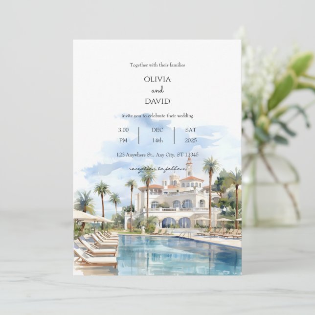 Seaside Coastal Palm Luxury Resort Venue Wedding  Invitation (Standing Front)