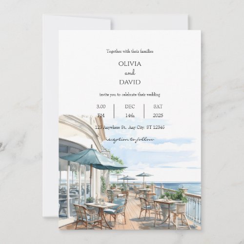 Seaside Coastal Rooftop Cafe Sea Views Wedding  Invitation