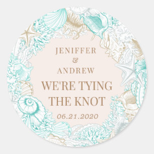 seaside coastal save the date monogram classic round sticker