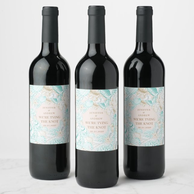 seaside coastal save the date monogram wine label (Bottles)