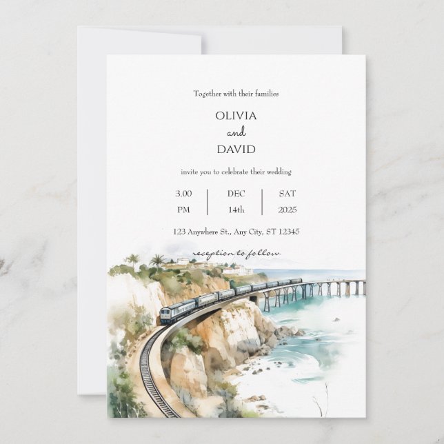 Seaside Coastal Train Tracks Ocean View Wedding  Invitation (Front)