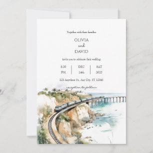 Seaside Coastal Train Tracks Ocean View Wedding Invitation