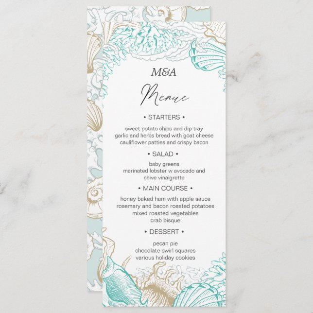 seaside coastal turquoise Wedding Dinner Menu Invitation (Front/Back)