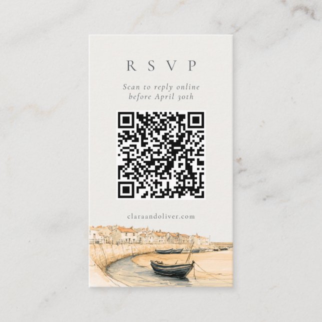 Seaside Cornwall Harbour QR Code Wedding RSVP Card (Front)