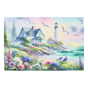 Seaside Cottage and Lighthouse Watercolor Metal Print