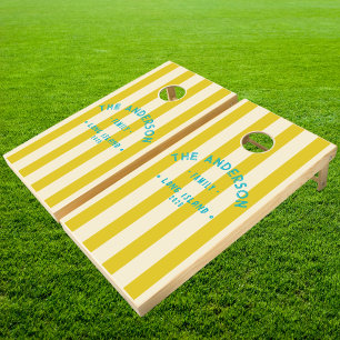 Seaside Dark Lemon Striping & Family Name Cornhole Set