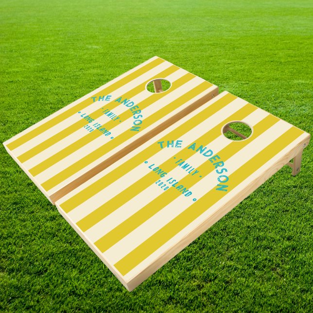 Seaside Dark Lemon Striping & Family Name Cornhole Set (Creator Uploaded)