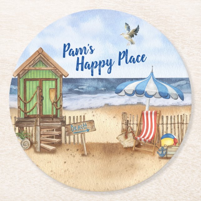 Seaside Day at the Beach Personalized Round Paper Coaster (Front)