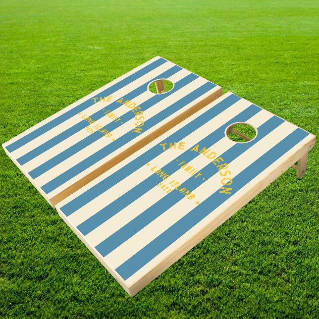 Seaside Deep Aqua Striping & Family Name Cornhole Set (Creator Uploaded)
