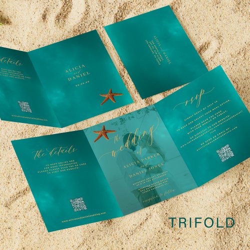 Seaside destination wedding photo QR RSVP details  Tri_Fold Invitation