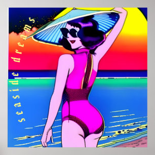 Seaside Dreams. Girl with Chinese hat. Editable Poster