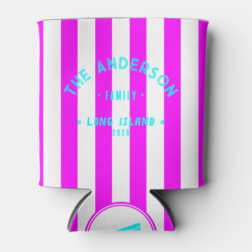 Seaside Electric Retro Pink Striping & Family Name Can Cooler
