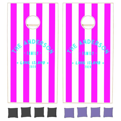 Seaside Electric Retro Pink Striping & Family Name Cornhole Set