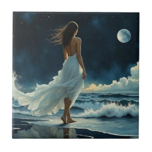Seaside Escape under the Moon Coastal Art Ceramic Tile