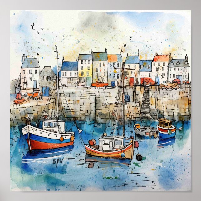 Seaside Fishing Boats In The Harbor Poster (Front)