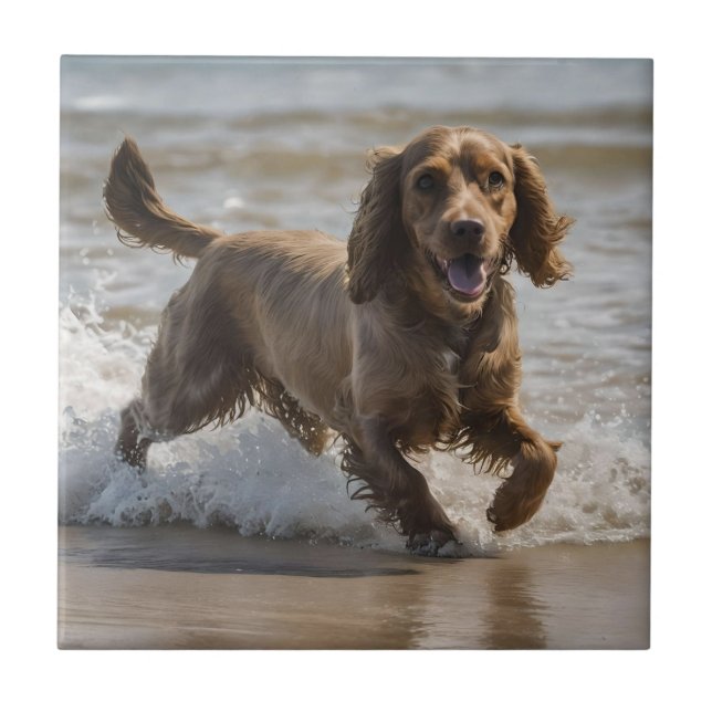 "Seaside Fun: A Cocker Spaniel Play in the Ocean Ceramic Tile (Front)