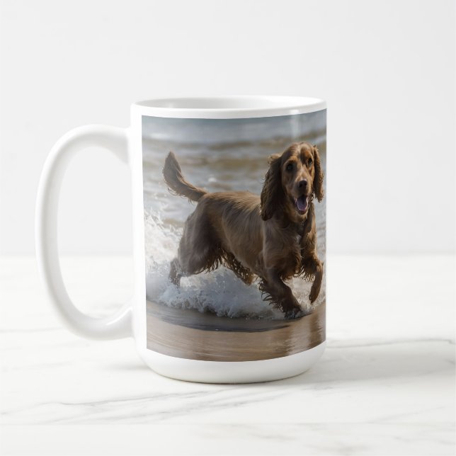 "Seaside Fun: A Cocker Spaniel Play in the Ocean Coffee Mug (Left)
