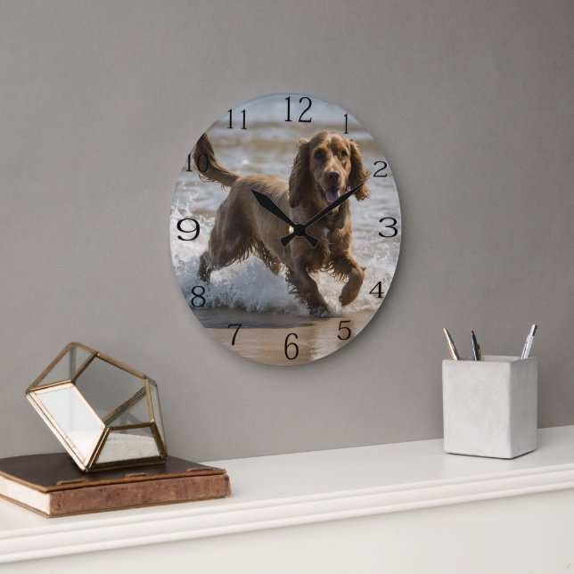 "Seaside Fun: A Cocker Spaniel Play in the Ocean Large Clock (Office)