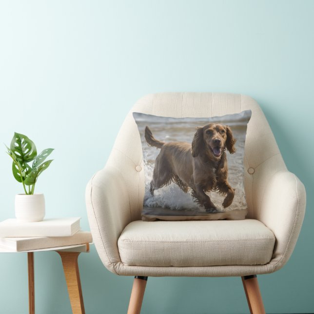 "Seaside Fun: A Cocker Spaniel Play in the Ocean Throw Pillow (Chair)