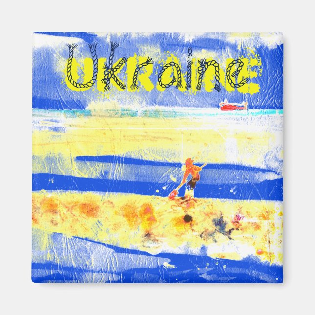 Seaside Fun Sand Beach Yellow Blue Silver Plated N Magnet (Front)