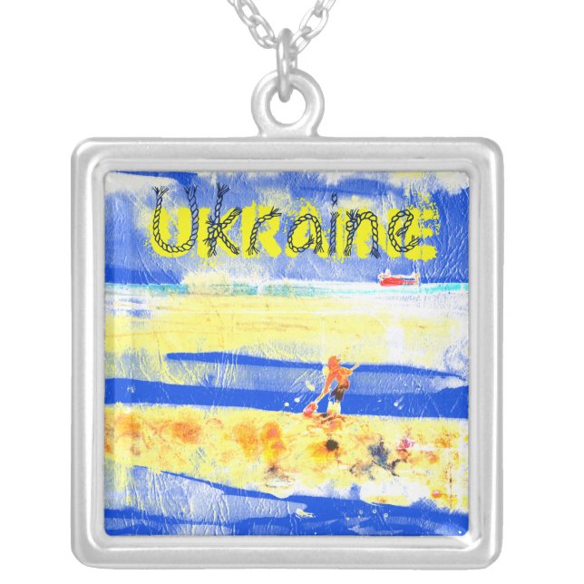 Seaside Fun Sand Beach Yellow Blue Silver Plated Necklace (Front)