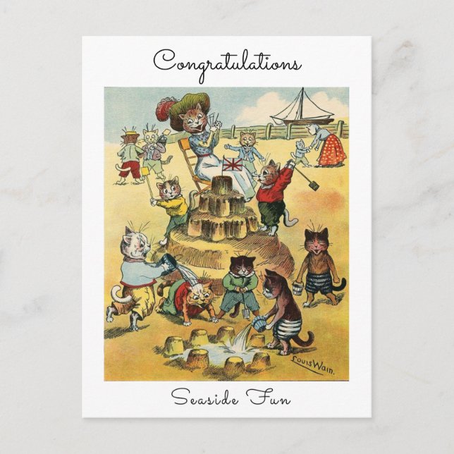 Seaside Fun Victorian Cat Mischief Congratulations Postcard (Front)
