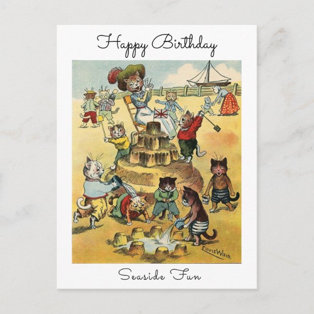 Seaside Fun Victorian Cat Mischief Happy Birthday Postcard (Front)
