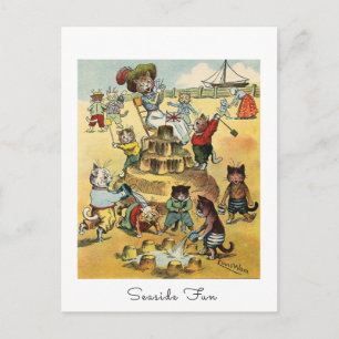 Seaside Fun Victorian Cat Mischief Vintage Humor Postcard