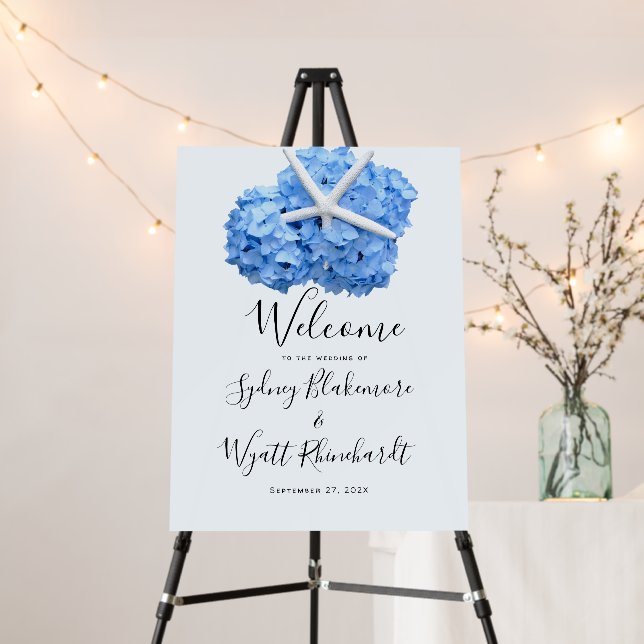 Seaside Garden Blue Hydrangea Wedding Welcome Foam Board (In Situ (Stand))