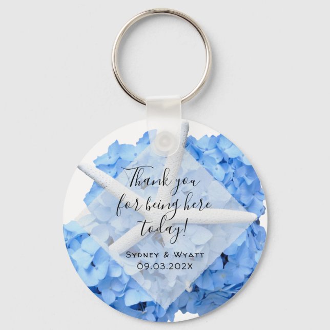Seaside Garden Hydrangea Starfish Wedding Favor Keychain (Front)