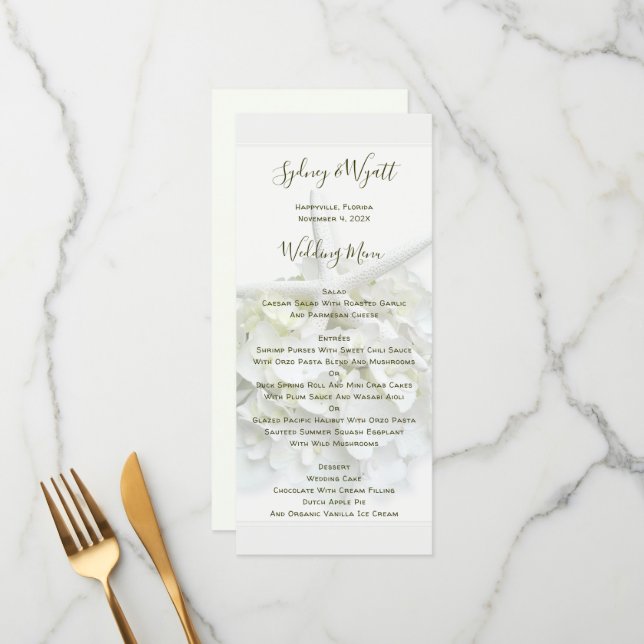 Seaside Garden Starfish Tall White Wedding Menu (Front/Back In Situ)